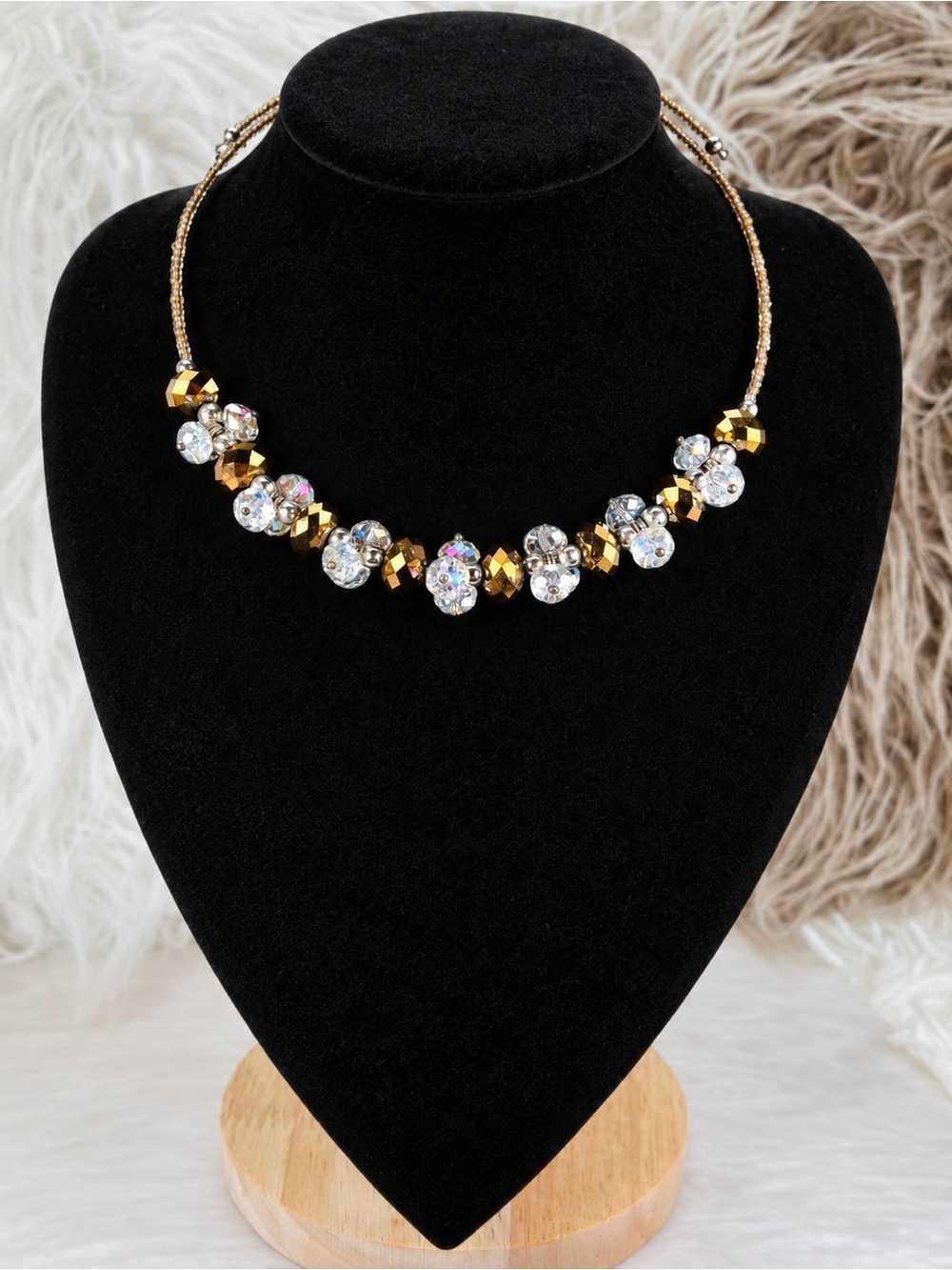 Beautiful vintage brown clear reflective multi beaded choker bendable necklace